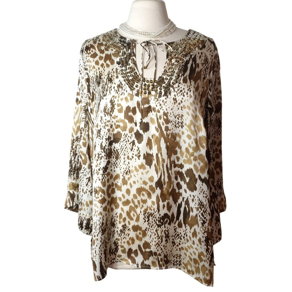 Hot In Hollywood Womens Tunic 1X Leopard Print Keyhole Y2K Chic Preppy LS Luxe